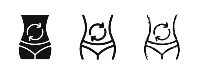 Digestion and Metabolism Icon Set, Human Waist with Circular Arrows for Health and Wellness © drawing lines