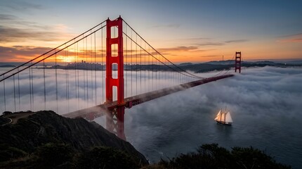 Fototapeta premium Golden Gate Bridge Sunrise Fog — Vermillion Towers Sailboat Pacific Mist San Francisco