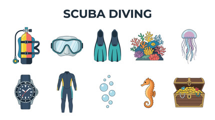 Collection of Scuba Diving Equipment and Underwater Elements © Jesica