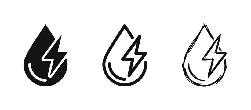 Energy Water Drop Icon Set, Liquid Resource with Lightning Bolt for Electricity and Utilities