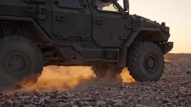 Armored vehicle kicks up dust. Golden sunlight illuminates scene. Desert landscape stretches into distance. Dusty gravel under vehicle tracks. Adult man drives vehicle.