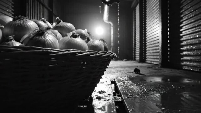 Black and white shot of onions in a basket on a wooden pallet in a dark warehouse with a stream of water