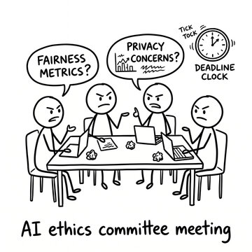 AI Ethics Committee Meeting Fairness and Privacy Debate Cartoon