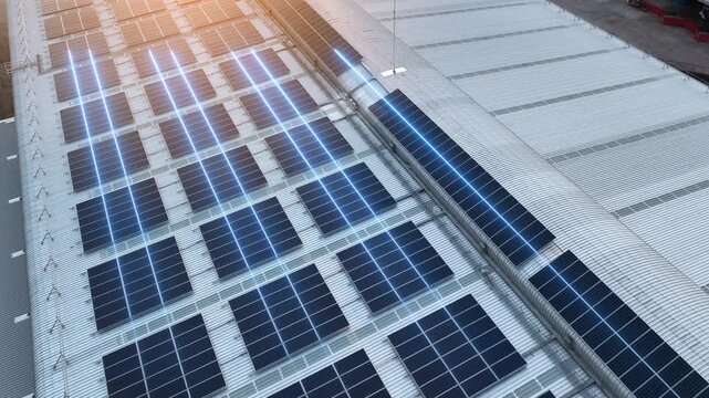 Glowing digital lines flowing through solar panels on an industrial metal roof. Concept of smart grid technology, renewable energy distribution, and sustainable clean power generation.
