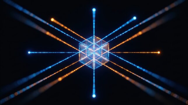 Glowing blue digital cube formed by glowing dots with intersecting orange light rays on dark background