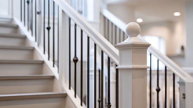 Modern wooden staircase with black metal balusters and white railing.