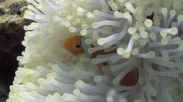A vibrant clownfish waltzes through the undulating tentacles of a pristine white anemone. Captured at the majestic Great Barrier Reef, observe their symbiotic dance in a natural aquarium.