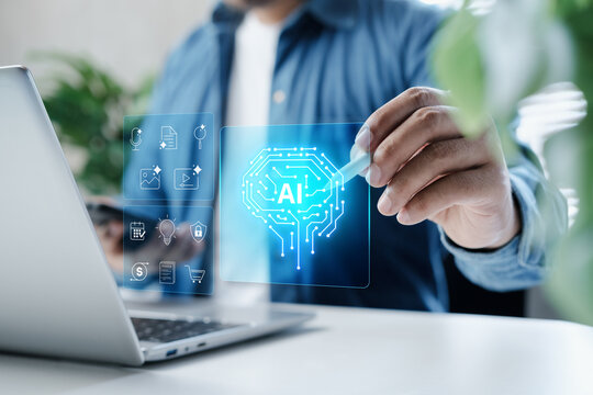 Business professional using AI assistant interface with holographic productivity icons and digital automation workflow on laptop workspace, smart technology innovation for modern business efficiency