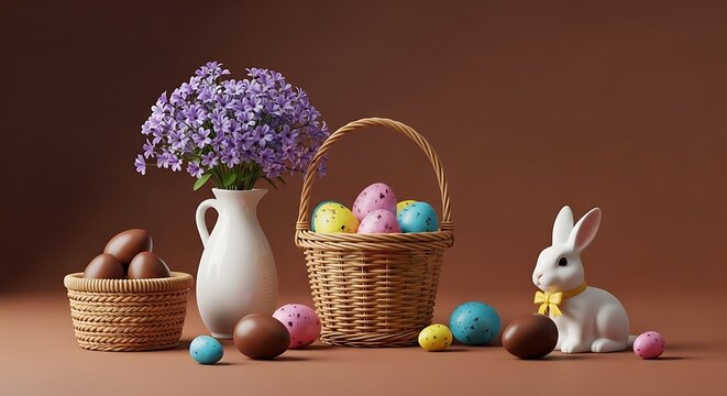 Easter scene with bunny eggs flowers and basket on brown background