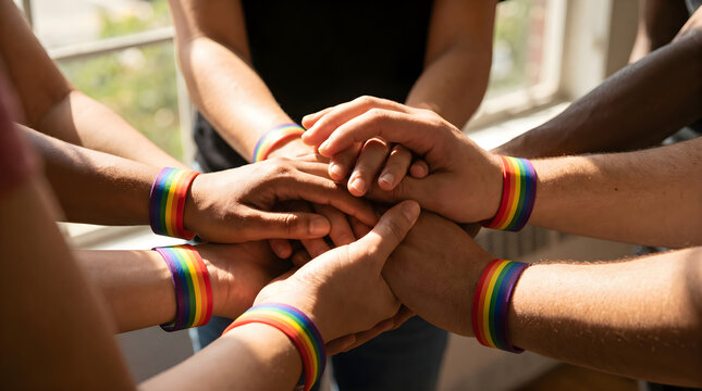 Diverse group of people joining hands with rainbow bracelets showing unity and support