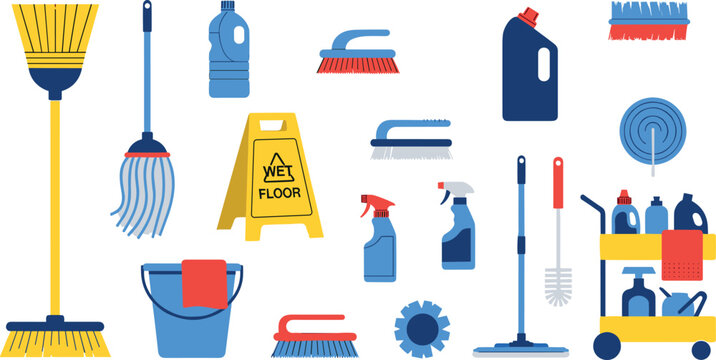 Professional janitorial cleaning supplies set with mop broom wet floor sign and service trolley