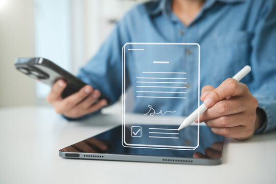 Digital document signing on tablet person using stylus for electronic signature approval secure online contracts paperless workflow and modern business verification.