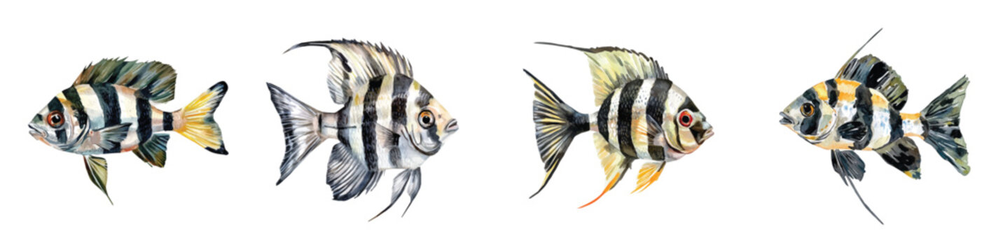 Collection of archerfish painting, Minimal yet artistic elements for creative designs. hand-drawn paint, Simple Illustration, EPS format, isolated on a white background, watercolor illustration