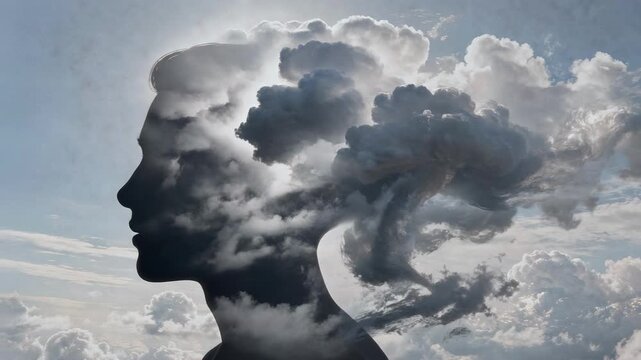 Surreal landscape with cloudy thoughts forming above silhouette in dreamlike natural environment
