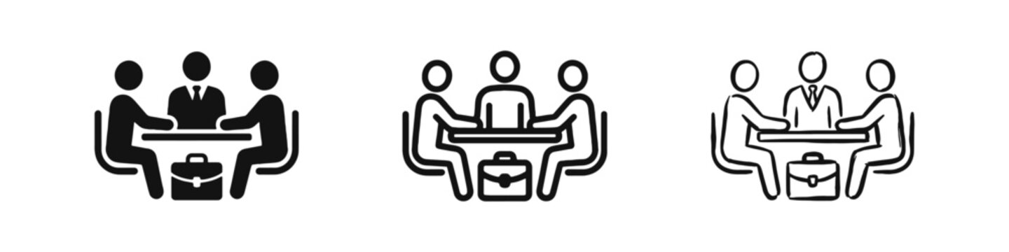 Business meeting and job interview icon set featuring people at a desk with a briefcase.