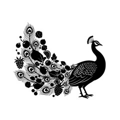 Fototapeta premium Stylized Peacock Silhouette with Ornamental Fruit and Berry Tail Feathers