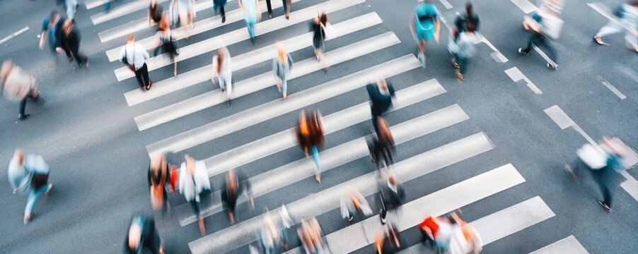 Bird&rsquo;s-eye view of people crossing a wide zebra crossing in a bustling city. Urban crowd in motion creates organic patterns and dynamic street life.
