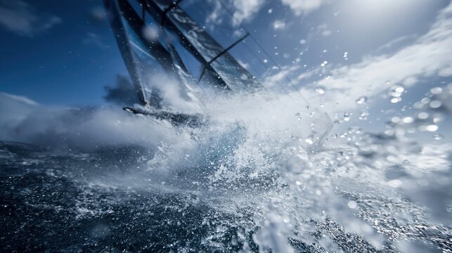 A high-speed sailing yacht slices through ocean waves, capturing dramatic spray and white foam in intense midday light. Ultra-realistic shot with dynamic action and sharp detail.