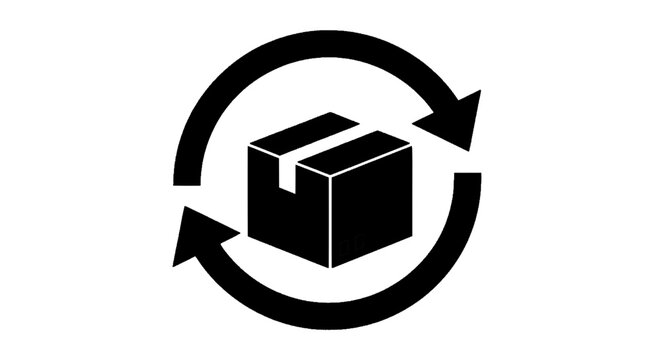 Minimal black silhouette icon, simple flat vector, bold black shape, no, no shading icon of a cardboard box with circular arrows representing returns or shipping on a, flat icon style