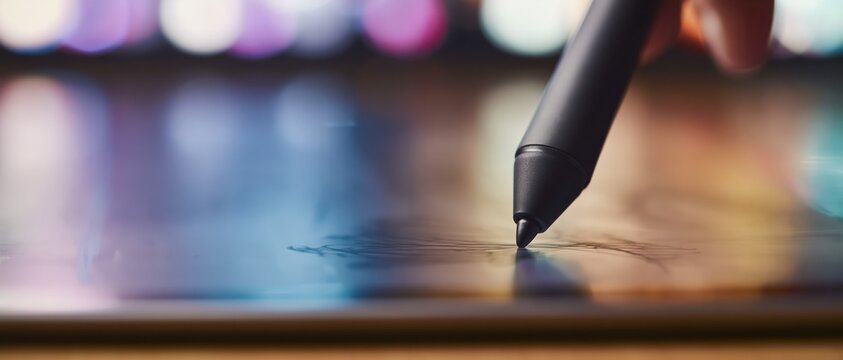 A stylus pen delicately draws fine digital lines on a tablet with vibrant bokeh lights. This macro shot highlights tactile realism and the creative illustration process.