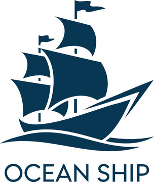 Sailing ship with sails and flags on ocean waves  maritime transportation vessel
