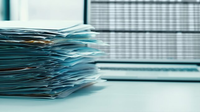 A chaotic stack of paperwork contrasts with a laptop displaying digital data tables. This ultra realistic office photo highlights the shift from manual reports to digital efficiency.