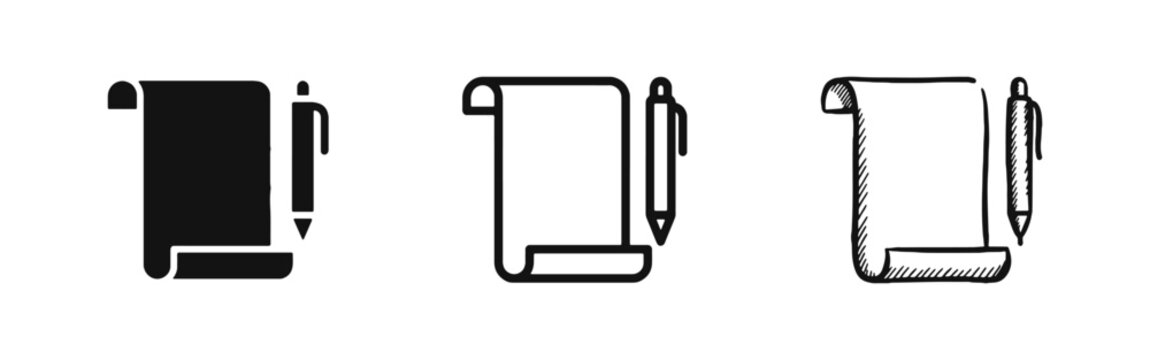 Business contract and legal document icon set with scroll paper and writing pen.