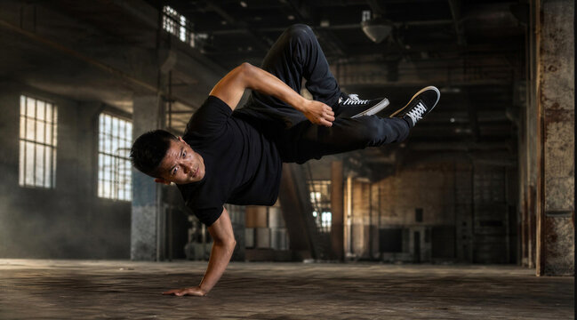 Breakdancer performing a freeze pose in an abandoned industrial warehouse