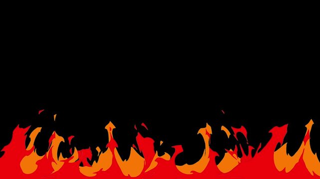 Burning or flaming hot cartoon fire on black background animation.