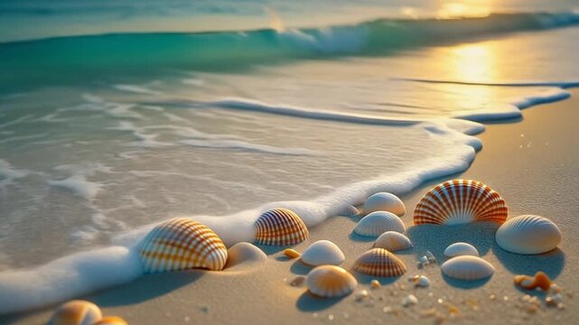 seashells on sandy beach with ocean waves at sunset