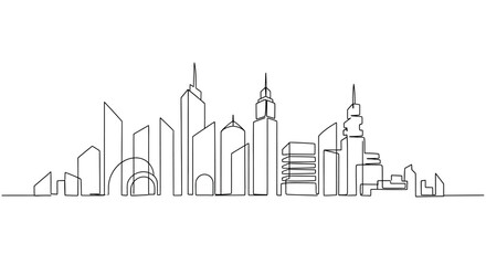 Naklejka premium Continuous line art city skyline, modern monochrome buildings, vector illustration