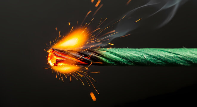 Close-up of a burning green fuse with sparks against dark background