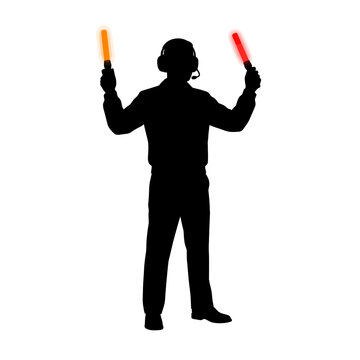 Black silhouette of a traffic officer holding batons representing safety, direction, control, regulation, and guidance.
