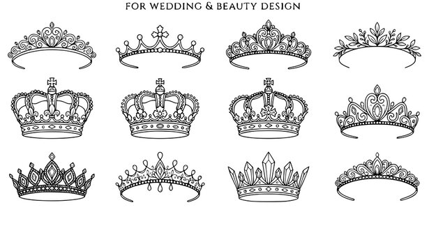 Elegant crown collection hand drawn tiara designs for wedding invitations bridal showers and royal themed events