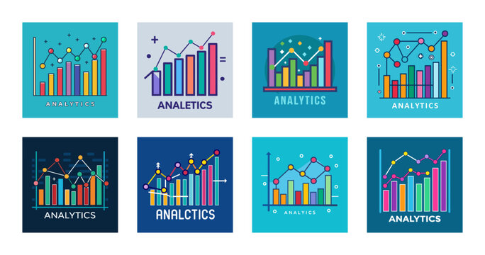 Colorful bar chart icons showing growth trends - Set of vibrant vector icons displaying upward and downward bar charts, growth trends, and business analytics in a flat design style.