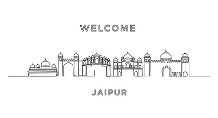 Naklejka premium Jaipur India line art skyline illustration, Welcome concept