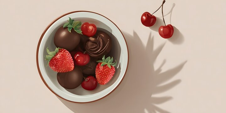 Assorted fresh and chocolate dipped strawberries with cherries in a white bowl on a soft pink background with shadows and extra cherries