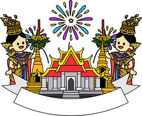 Obraz premium Thai temple logo and Thai dancer holding a krathong