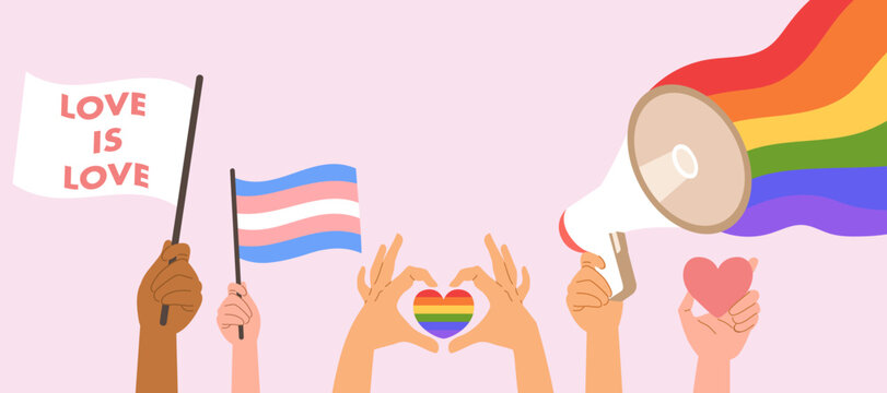 Vector cartoon illustration of hands making an I love you gesture with a rainbow heart, holding flags and megaphones spreading love message on pride month on pink background