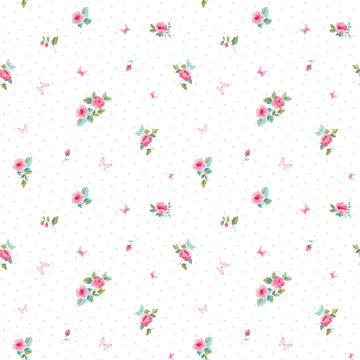 Shabby Chic Cottagecore Floral Seamless Pattern with Pink Roses, Butterflies and Pastel Polka Dots. Romantic Vintage Feminine Background for Fabric, Wallpaper, Nursery Textile and Wrapping Paper