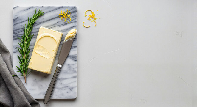 Butter block with knife and herbs on marble cutting board  