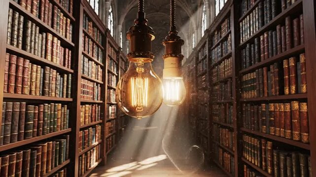 Edison light bulbs hanging in an old library with wooden bookshelves, ray of lights and dust particles