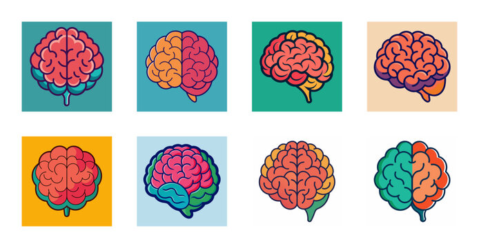 Colorful brain icons with speech bubbles - Bright vector illustration of human brains with speech bubbles, showing communication and thinking concepts in vibrant colors.
