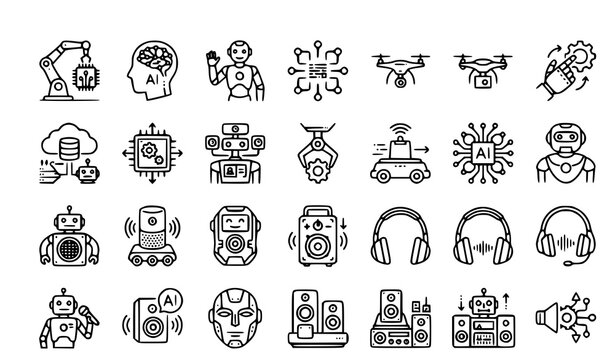 Technology icons set artificial intelligence robotics audio equipment and future tech line art collection