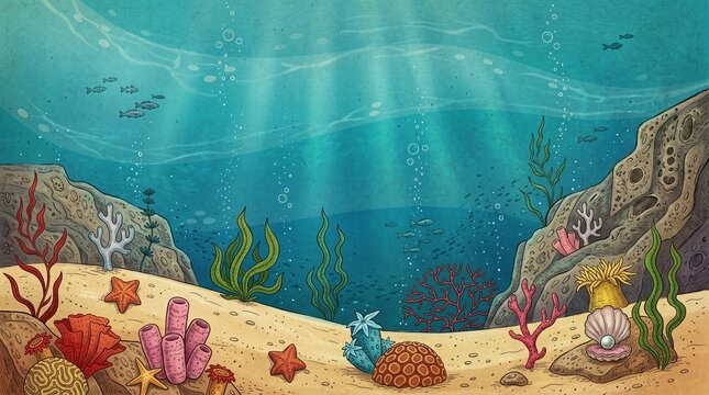 Vibrant cartoon illustration of an underwater ocean scene featuring colorful coral starfish and shells on a sandy seabed with sunlight rays filtering 