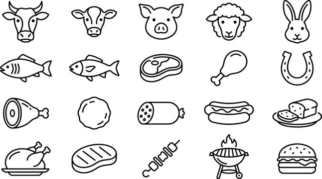 butcher shop and meat product line icon set featuring farm animals beef pork poultry fish and bbq grill elements for restaurant menus