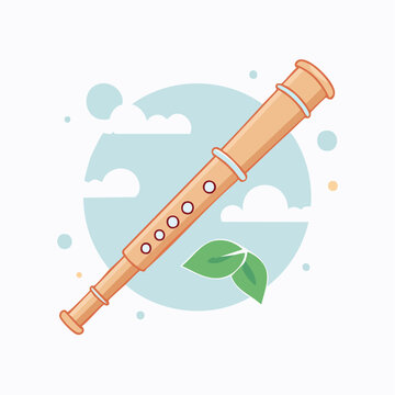 Wooden Recorder Flute with Leaves and Clouds