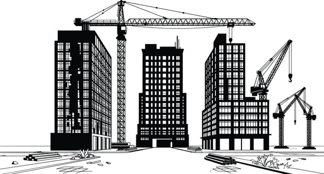 Black and White Urban Construction Site Illustration with High Rise Buildings and Industrial Tower Cranes for Real Estate Development and Architectural Project Designs