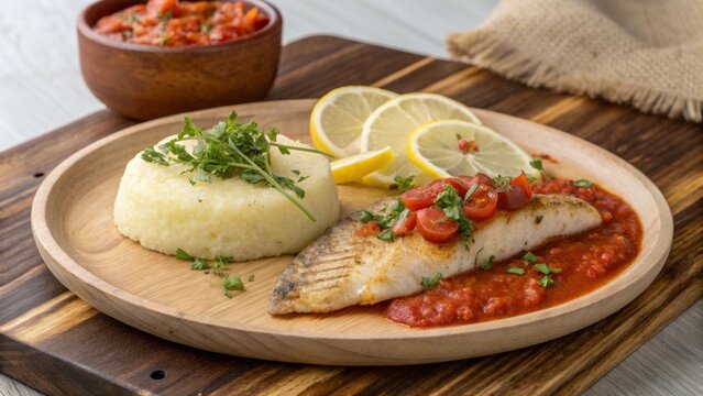 Delicious chambo dish served with maize porridge nsima and fresh tomato salsa on a wooden platter