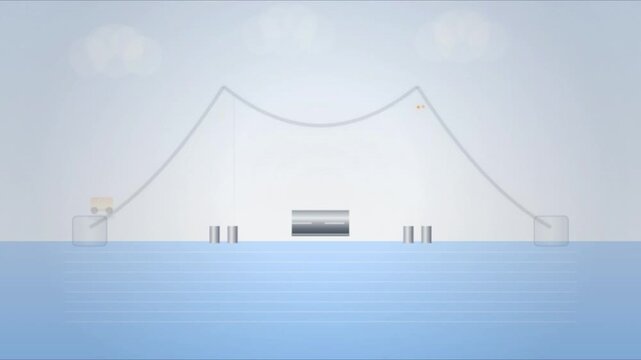 Minimalist video motion graphic illustration of a modern suspension bridge structure elegantly spanning across calm blue waters under a bright, clear sky, symbolizing connection and architectural 